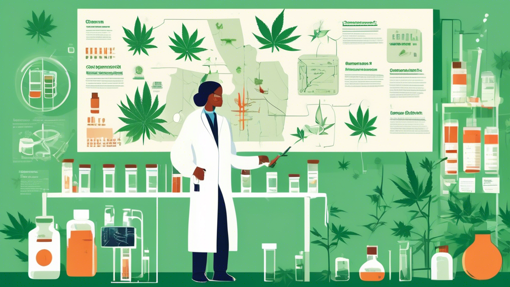 Create an illustration that depicts various aspects of marijuana testing policies in Washington State. The scene should include a laboratory setting with scientists in white lab coats conducting tests