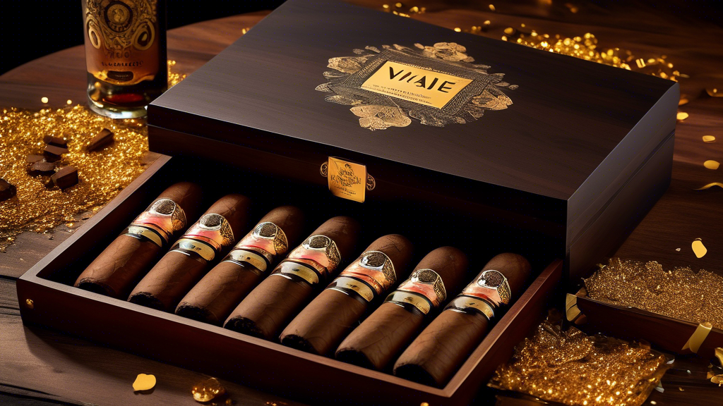 Create an image featuring a luxurious, limited-edition Viaje Birthday Blend Maduro cigar set. Place the cigars in an elegant, dark wooden box with gold accents and intricate designs, alongside a birth