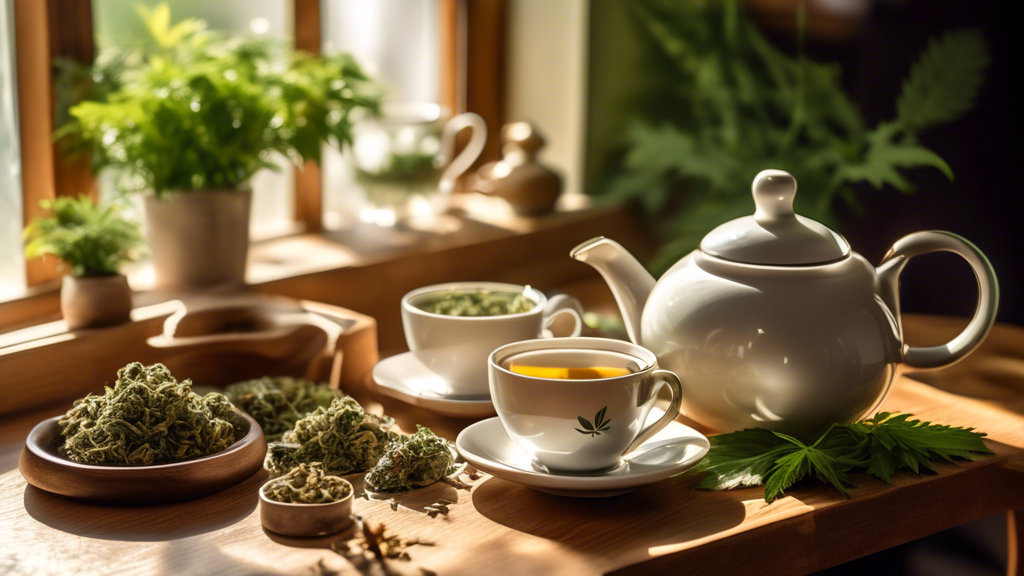 Create an image of a serene, cozy kitchen setting with soft sunlight streaming through the window. On a wooden table, show a beautifully arranged tea set with a teapot labeled 'Marijuana Tea' next to 