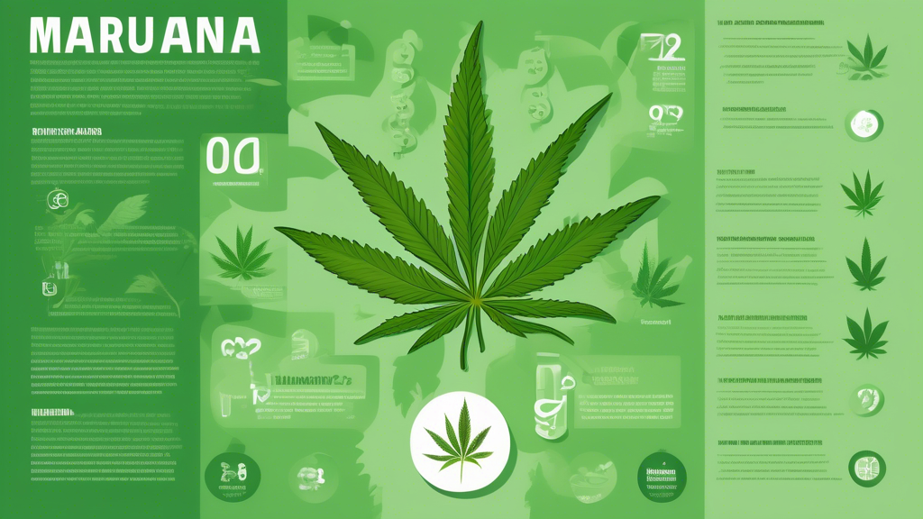 A modern infographic-style image depicting various facts about marijuana, featuring illustrated cannabis leaves, question marks, and clear, readable text answering common questions. The background is 