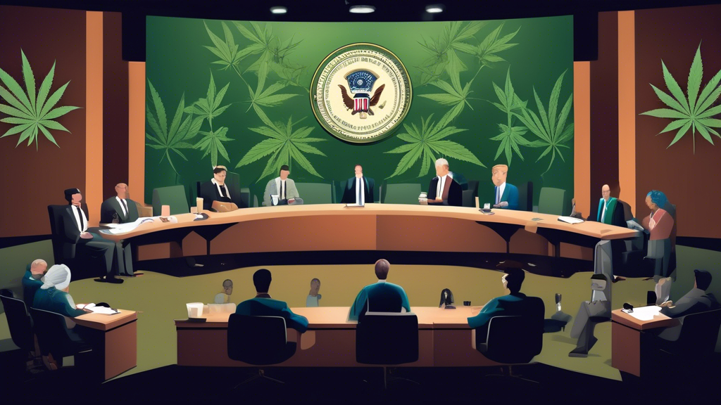 Create an image depicting a thoughtful debate in a modern congressional setting where lawmakers are discussing the reclassification of marijuana from its current federal schedule status. The backgroun