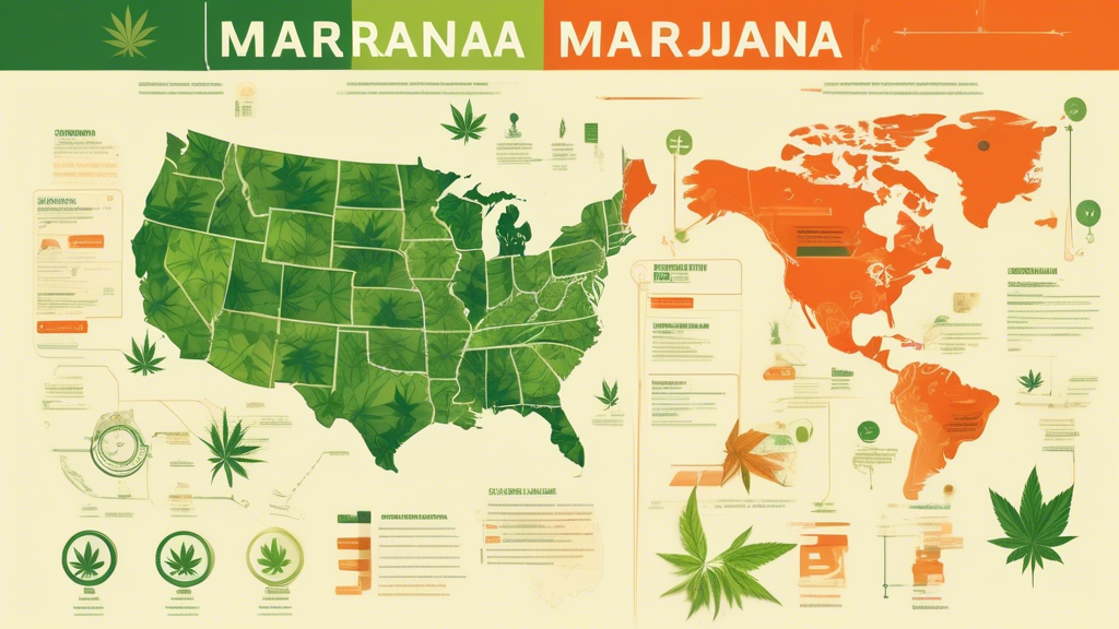 Create an image that shows a comparison of marijuana laws across different states or countries. Incorporate symbols such as scales of justice, a map with highlighted regions, cannabis leaves, and lega