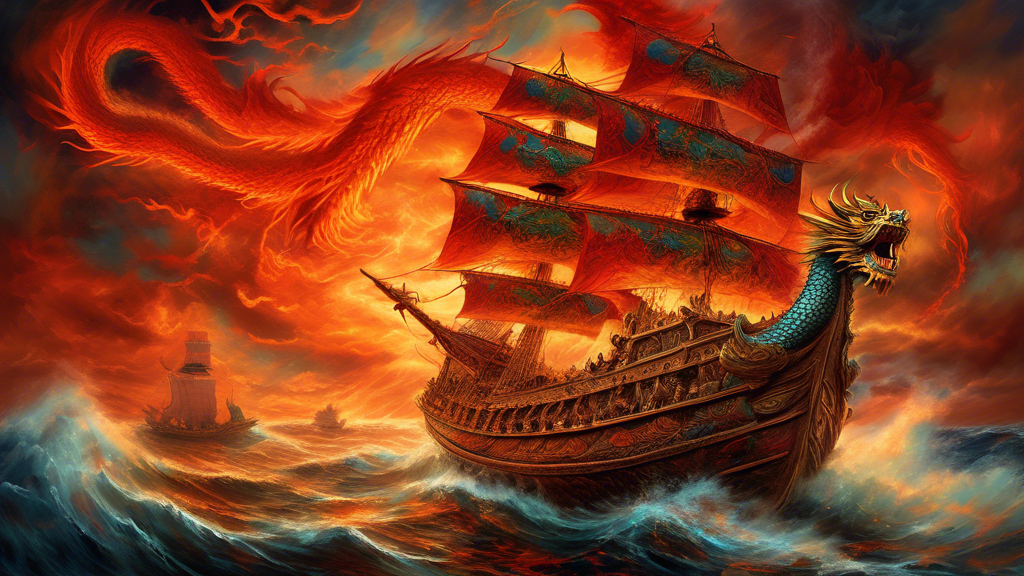 Create an image of a dramatic, ancient Spanish ship named 'La Galera,' sailing through tumultuous seas under the fiery sky of the 'Year of the Dragon.' The ship should be adorned with dragon-themed em