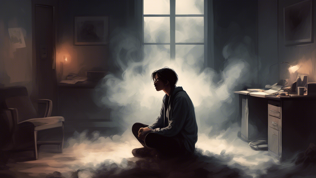 Create a detailed and emotionally evocative illustration depicting a person sitting in a dimly lit room, surrounded by a haze of smoke. The person's expression is one of concern and anxiety, with visi