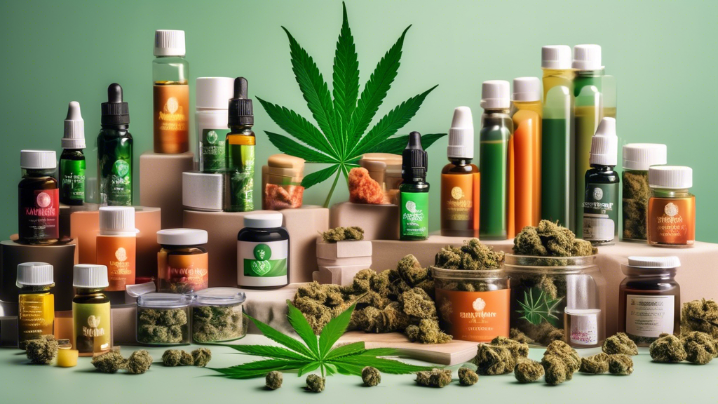 Create an image showcasing a variety of popular marijuana products arranged in an aesthetically pleasing display. Include items such as flower buds, pre-rolled joints, edibles like gummies or chocolat