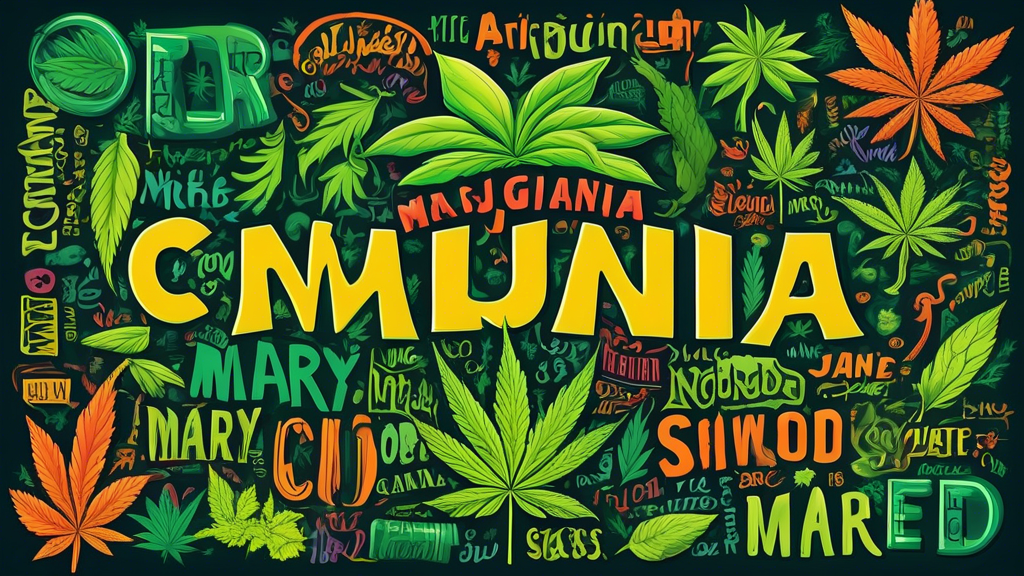 Create an artistic collage that features popular nicknames for marijuana such as 'Mary Jane,' 'Weed,' 'Pot,' 'Ganja,' 'Herb,' 'Green,' and 'Grass.' Use vibrant colors and playful elements, incorporati