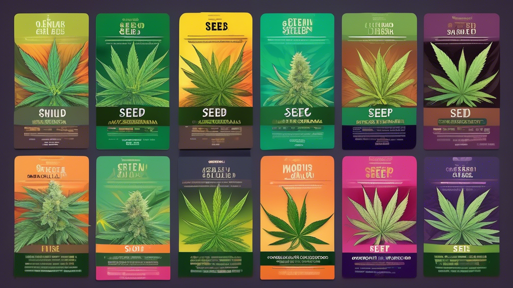 Create a detailed and vibrant illustration of various top marijuana seed strains for 2023. Include close-up views of different seed types with labels for each strain, showcasing a variety of colors an