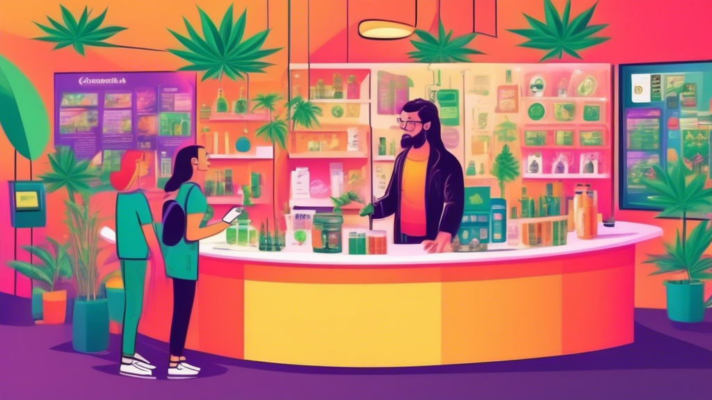 A knowledgeable budtender sharing key cannabis facts with an interested customer in a modern, well-lit cannabis dispensary, surrounded by various marijuana strains and products, illustrated in a vibrant and engaging style.