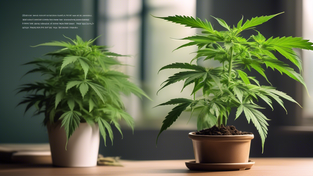 Create an image that shows a single healthy marijuana plant growing in a pot indoors. The plant should be lush and green, with detailed leaves. The environment should look clean and organized, featuri