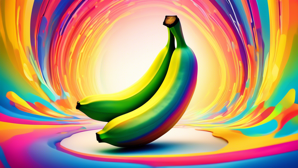 Create an image of a banana that has been genetically modified to have vibrant, rainbow-colored skin, with unique patterns. The banana should retain its recognizable shape but exhibit a futuristic and