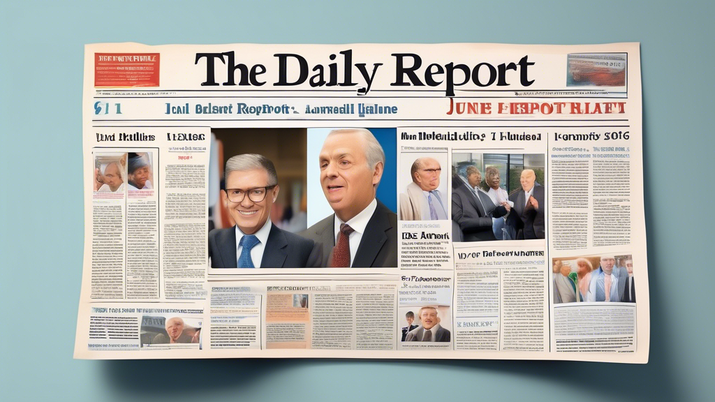 Create a detailed and vibrant front page of a newspaper titled 'The Daily Report: June 13, 2024'. The layout should feature a variety of news sections, including a major headline, a weather forecast, 