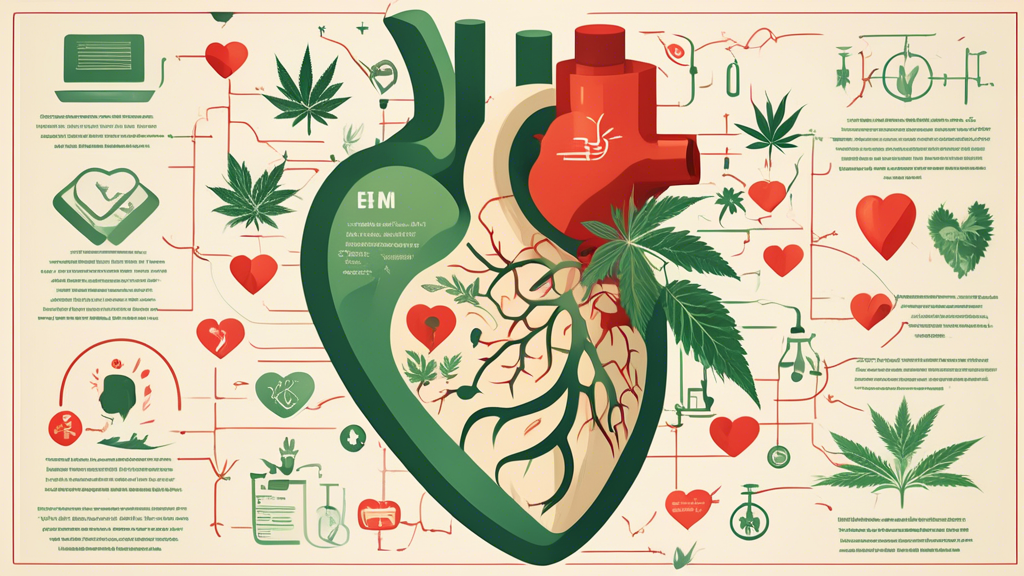 Create an image that depicts a balanced and objective exploration of the relationship between marijuana use and heart health. In the foreground, feature a human heart with medical diagrams and icons a