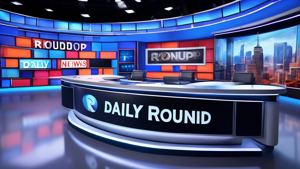 Create an image of a vibrant news studio set with a large screen displaying The Daily Roundup: July 22, 2024 in bold, futuristic letters. The studio should be equipped with modern technology, with jou