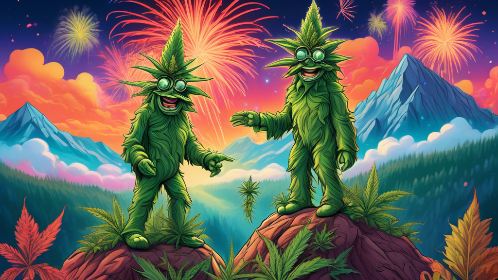 Create an image showing two anthropomorphic cannabis plants, one named Backwoods and the other Gashouse, standing atop a mountain peak adorned with cannabis leaves and buds. Both characters are high-f