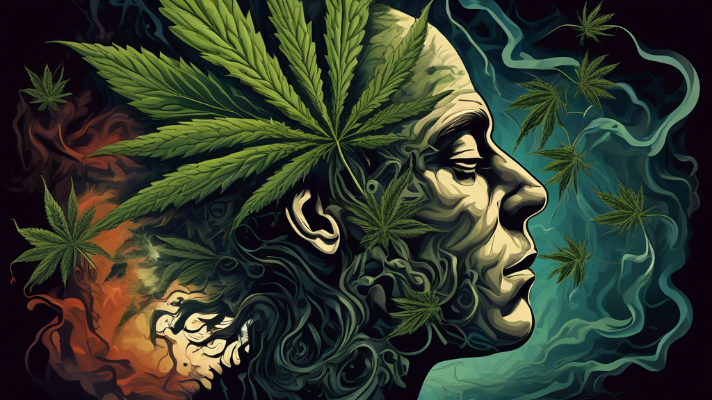 Create a surreal, atmospheric illustration depicting a person's mind experiencing the chaos and confusion of marijuana withdrawal psychosis. Visual elements to include are a fragmented head with swirl