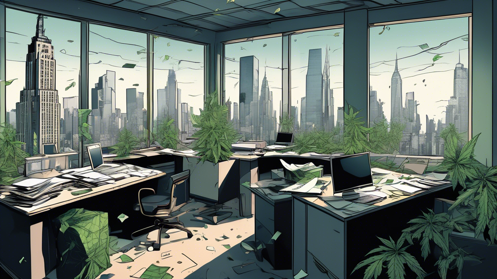 Illustration of a modern office environment within a New York City skyscraper, reflecting chaos and urgency. Empty desks with scattered papers, half-closed laptops, and abandoned office supplies. In t