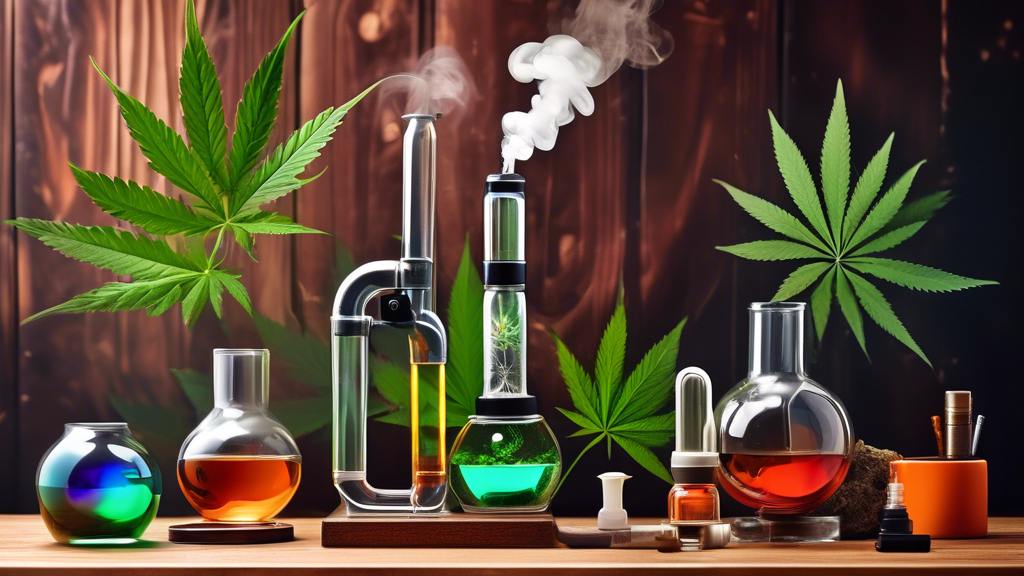 Create an image showcasing a variety of popular devices for smoking marijuana, including a sleek glass bong, a vibrant ceramic pipe, a modern vaporizer, a traditional joint, and an electronic dab rig,