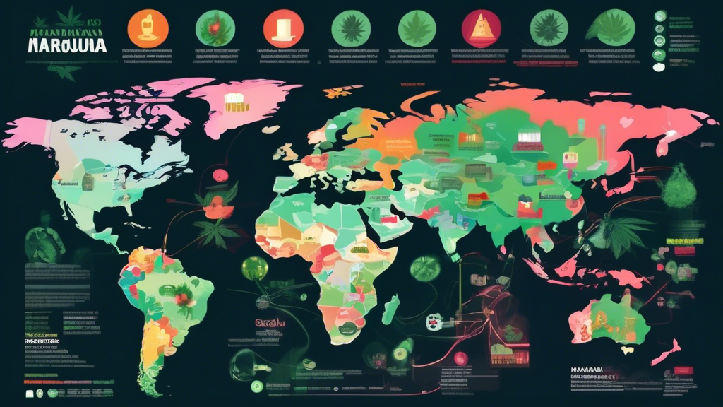 A detailed infographic displaying the uses, effects, and legal status of marijuana globally, with icons representing medical use, recreational use, side effects, and a map highlighting countries with different legal statuses.