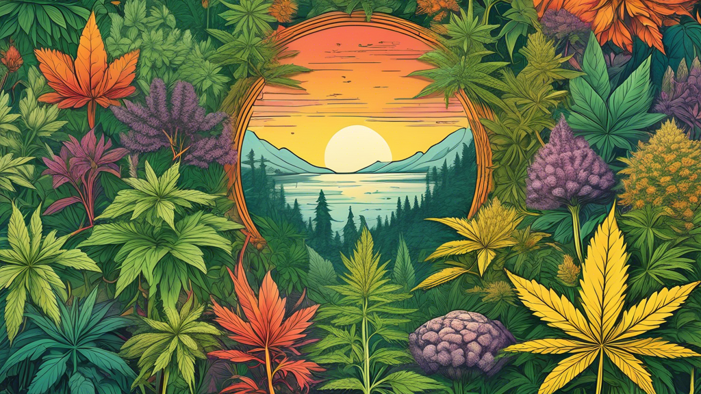 A vibrant, high-detail digital illustration showcasing a variety of popular marijuana strains of 2022. Display different cannabis plants in full bloom with diverse colors and leaf patterns, labeled wi