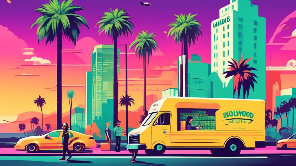 Create an illustration of a vibrant and bustling Los Angeles cityscape with iconic landmarks like the Hollywood Sign and palm trees in the background. In the forefront, show a cheerful delivery driver