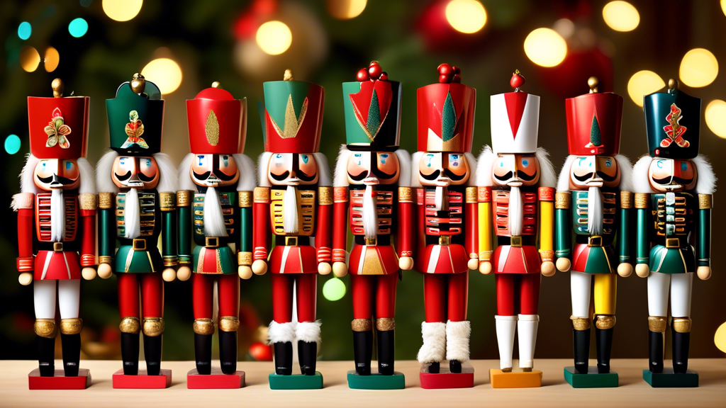 Create an image of a festive display of various nutcrackers arranged in an artistic, visually appealing manner. Each nutcracker should be uniquely designed, showcasing different themes, colors, and si