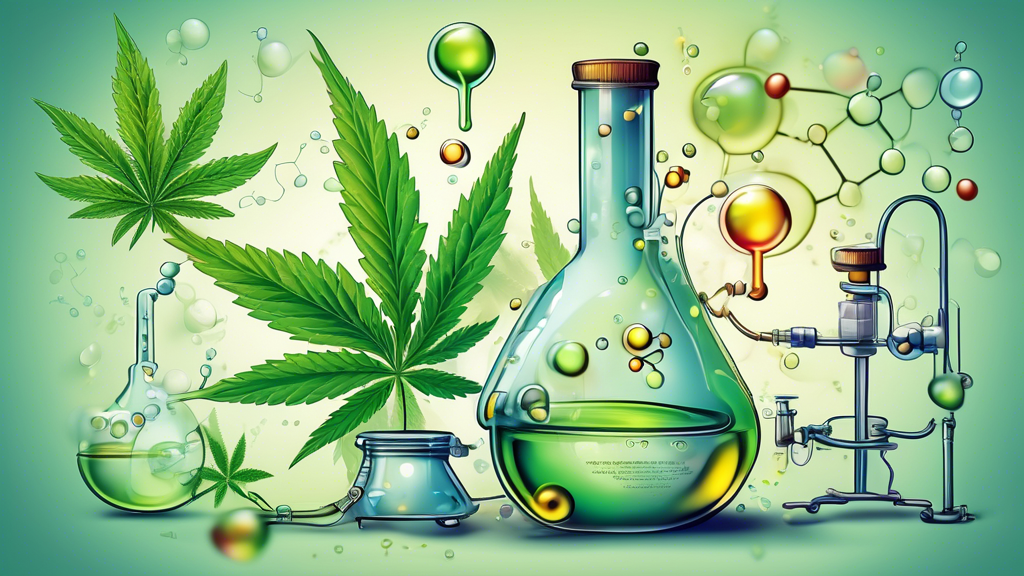 Create a detailed illustration showing THC molecules interacting with oil droplets. The background should depict a serene laboratory setting with scientific equipment and cannabis plants. Highlight th