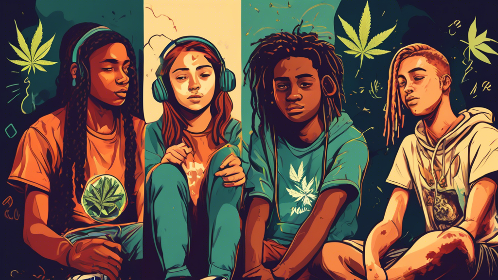 Create an image depicting the impact of marijuana on youth mental health: show a diverse group of teenagers with a split scene. One side illustrates vibrant, active youths engaging in positive activit