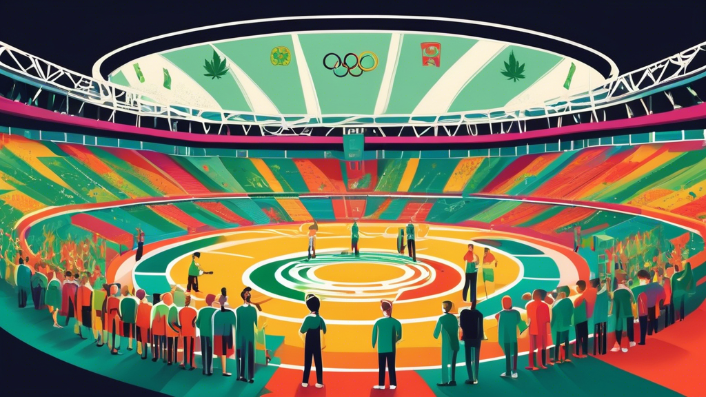 An Olympic stadium with athletes of various sports, alongside symbols of marijuana leaves and official policy documents. The background features the Olympic rings and a balance scale representing the 