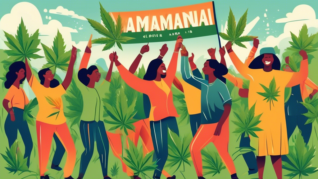 Create an illustration of a vibrant, celebratory scene in Alabama, highlighting the state's beautiful landscapes, landmarks, and culture with people rejoicing. Include subtle references to marijuana l