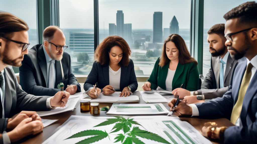 Create an image of a thoughtful, diverse group of experts and policymakers in a conference room, examining various documents and charts related to marijuana. Show a U.S. federal building in the backgr