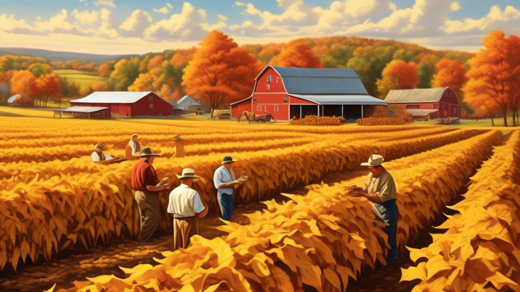 Create an image depicting a vibrant tobacco field in Connecticut, with golden leaves glistening under a sunny sky. In the foreground, show skilled cigar makers carefully crafting elegant Corona Gorda 