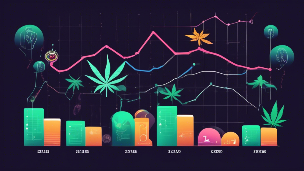 Create an image illustrating the decrease in capital funding for the cannabis and psychedelics industry. The image should show graphs with descending bars or lines representing a 40% drop in investmen