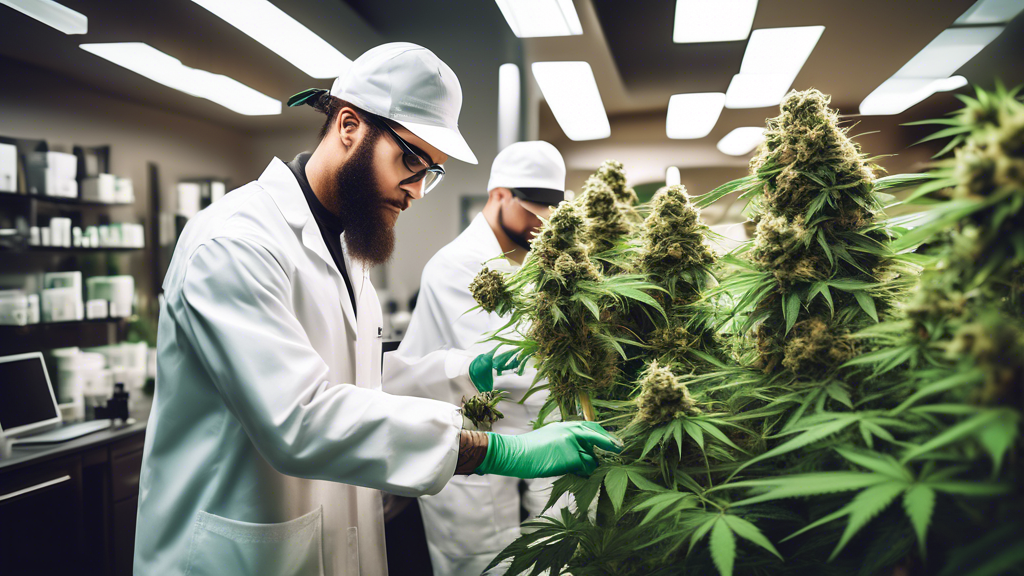 Create an image showcasing diverse career opportunities within the marijuana industry. Depict professionals such as botanists working with cannabis plants, lab technicians conducting quality control, 