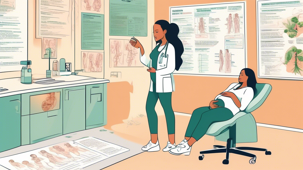 A detailed illustration showcasing a medical setting where a healthcare professional is explaining ICD-10 codes related to marijuana use during pregnancy to a pregnant patient. The scene includes medi