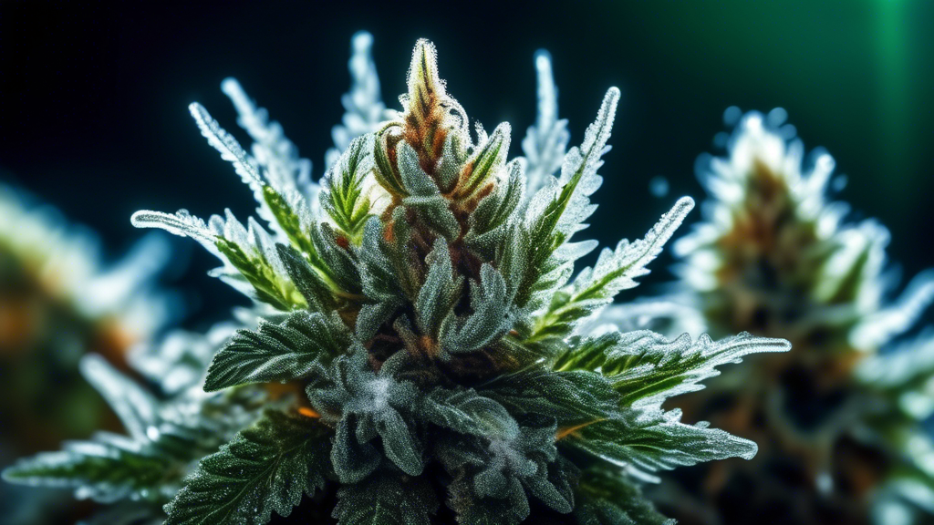 A high-resolution, close-up photograph of vibrant and frosty marijuana buds, showcasing trichomes glistening under natural light. The lush green leaves contrast against a dark, blurred background, cre