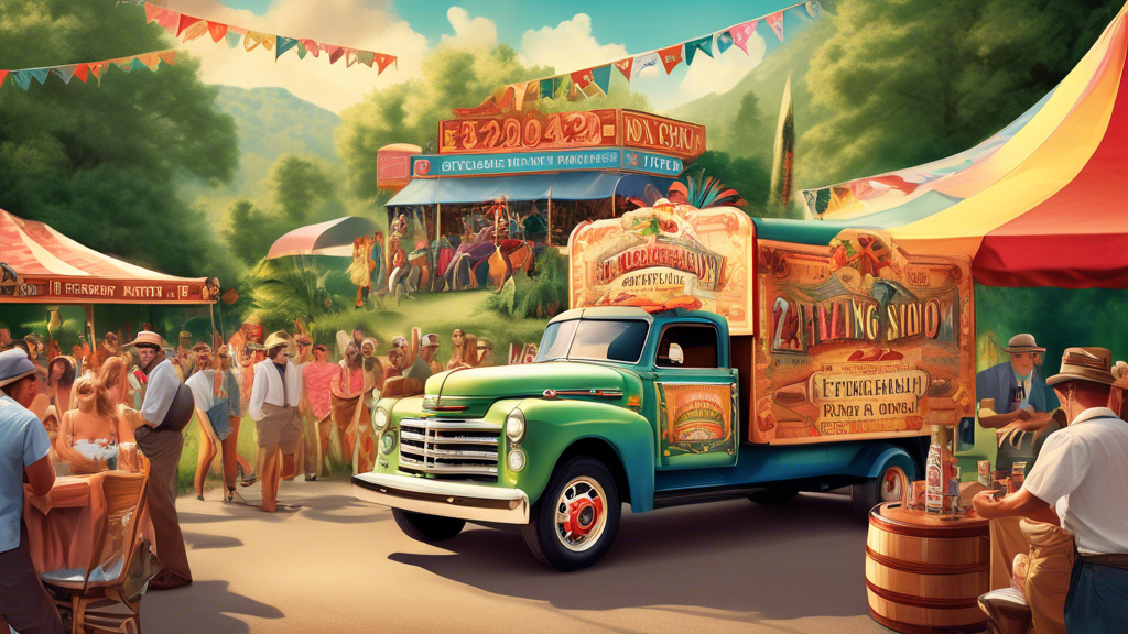 Create an image of a vintage, colorful roadshow truck with '2024 Traveling Cigar Road Show' written on the side. The truck is parked in a scenic summer location with lush greenery and a carnival-like 