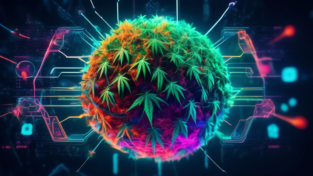 An advanced AI neural network portrayed as a futuristic machine, generating vibrant and colorful visualizations of marijuana-related keywords across a digital globe. The setting is a high-tech, sleek 