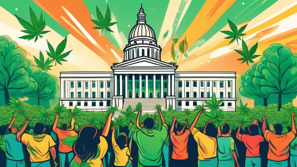 Create an image of the North Carolina State Capitol building with a vibrant, clear sky. In the foreground, people are celebrating and holding signs that say Medical Cannabis Legalized and Victory for 