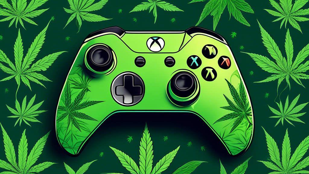 Create an image of an Xbox controller with a marijuana-themed design, featuring vibrant green cannabis leaves, intricate patterns, and a sleek, modern look. The background can showcase a relaxed gamin