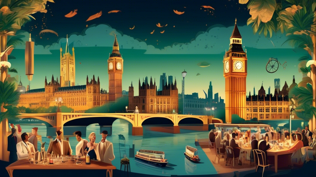 Create an intricate and vibrant illustration of London Habanos World Days. Depict the iconic London skyline at twilight, with landmarks like the Big Ben, Tower Bridge, and the London Eye subtly visibl