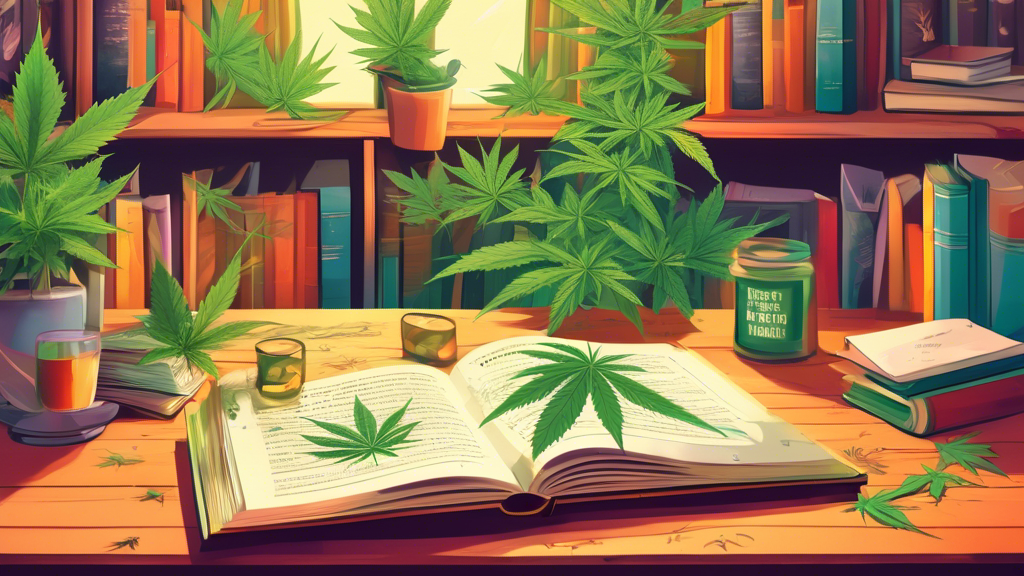 An open book on a wooden table with cannabis leaves and facts coming to life as illustrations surrounding it, in a bright, inviting library setting.