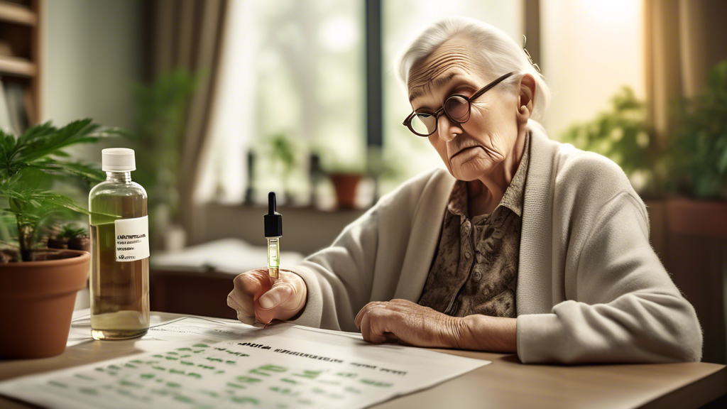 An elderly person wearing glasses with a serene expression, holding a dropper bottle labeled 'Marijuana Extract' in one hand and an eye chart in the background. The image is set in a cozy, well-lit me