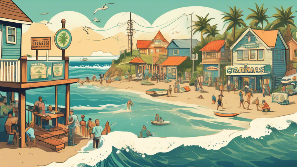 Create an illustration that depicts an idyllic seaside town with a sign that reads Ocean Shores at the entrance. In the background, include a mix of cannabis leaves and legal symbols like a gavel and 