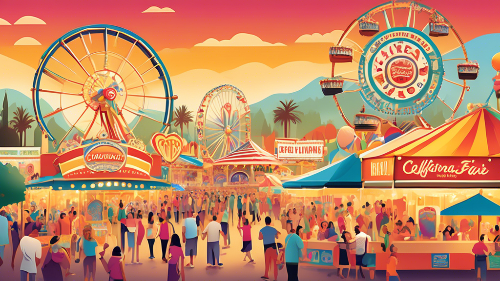 Create an image of a lively California State Fair with colorful attractions, food vendors, and festive decorations. Include visitors enjoying various activities, with some people sampling and purchasi