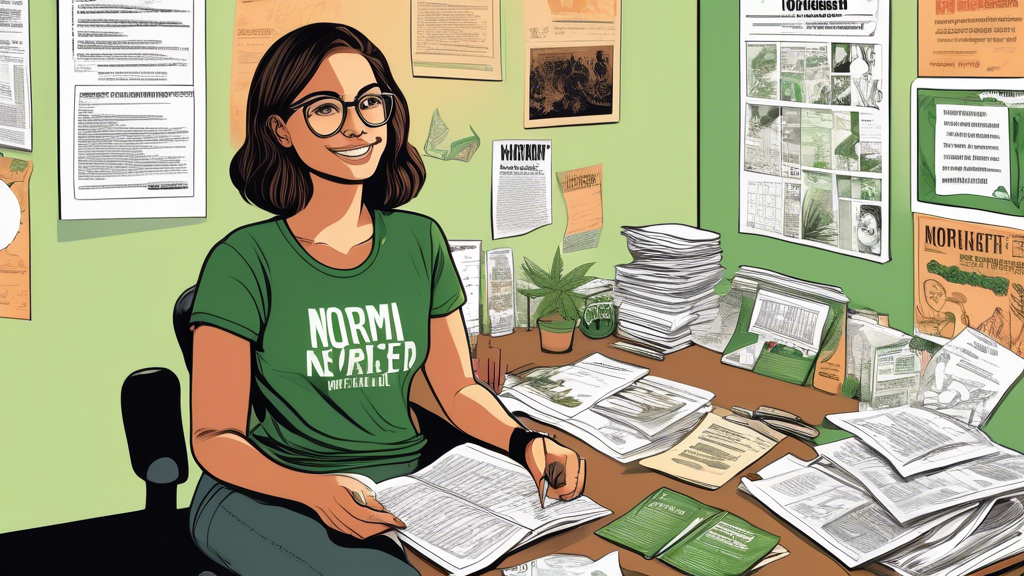 Create an image of a passionate intern working diligently at their desk within the NORML office, surrounded by advocacy posters and literature about cannabis reform. The backdrop includes stacks of do