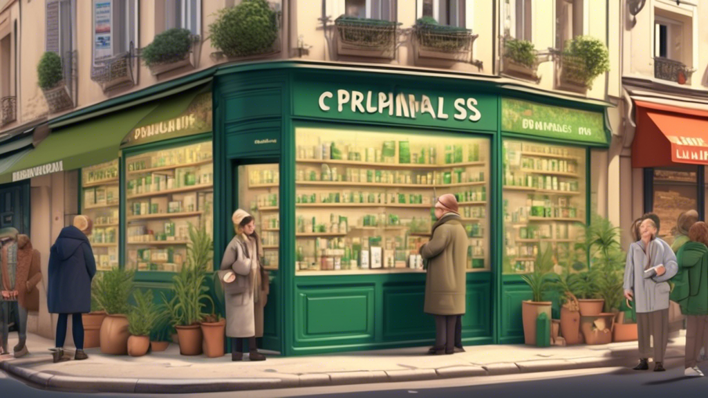 Generate a highly detailed illustration of a French pharmacy with a prominently placed sign reading 'Cannabis', showcasing both medical marijuana products and an informative pamphlet about its uses. T