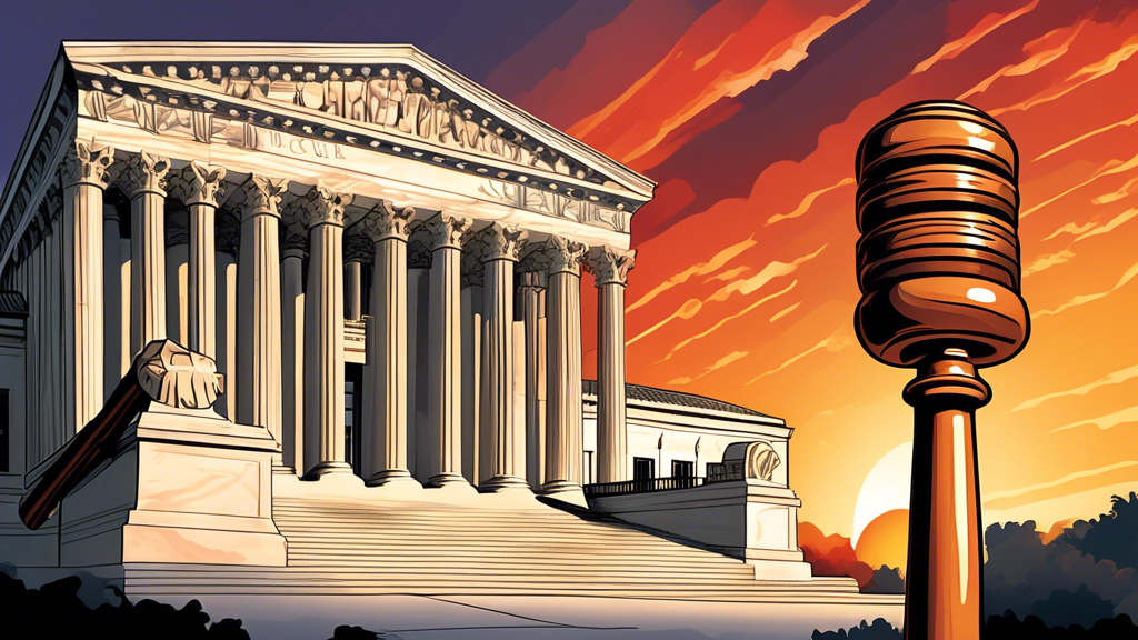 Create an image depicting the exterior of the U.S. Supreme Court building with a striking sunset backdrop. In the foreground, show a judge's gavel broken in two and a large FDA sign, with tobacco prod