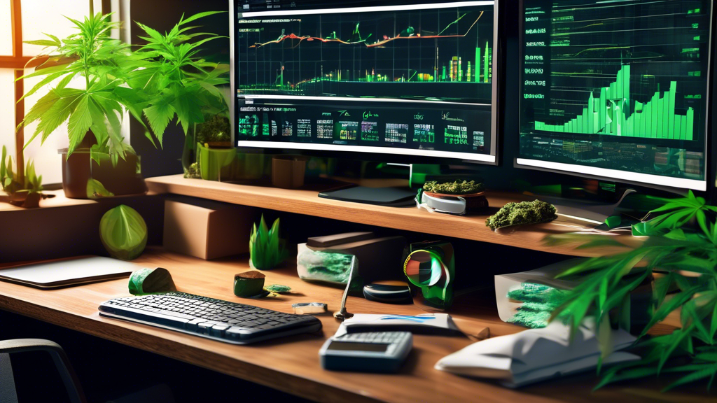 Create an image of a financial analyst's desk featuring charts, stock market graphs, and cannabis-themed items. Include a computer screen showing stock data, a magnifying glass focusing on marijuana s