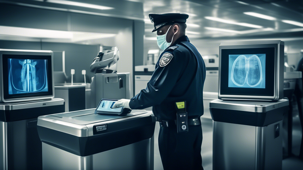 A highly detailed and futuristic airport security checkpoint scene showing advanced X-ray machines scanning luggage. The image captures the moment a security officer is analyzing an X-ray image on a m