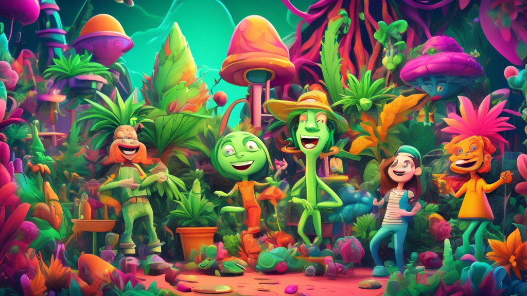 Create an animated cartoon scene where playful cartoon characters are exploring a vibrant, colorful, and surreal marijuana garden. Include whimsical details like oversized, glowing cannabis plants, ch